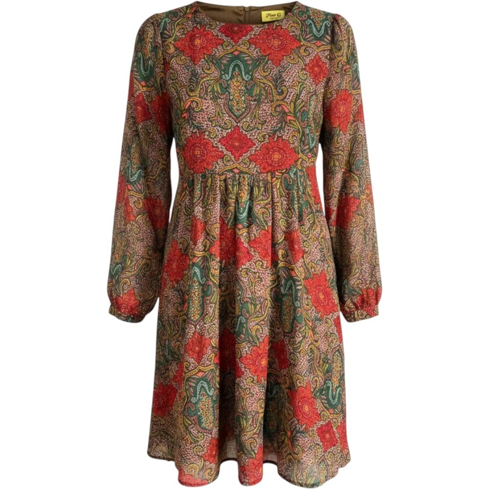 Max C London Paisley Dress Womens M Red Green Long Sleeve Pleated Waist